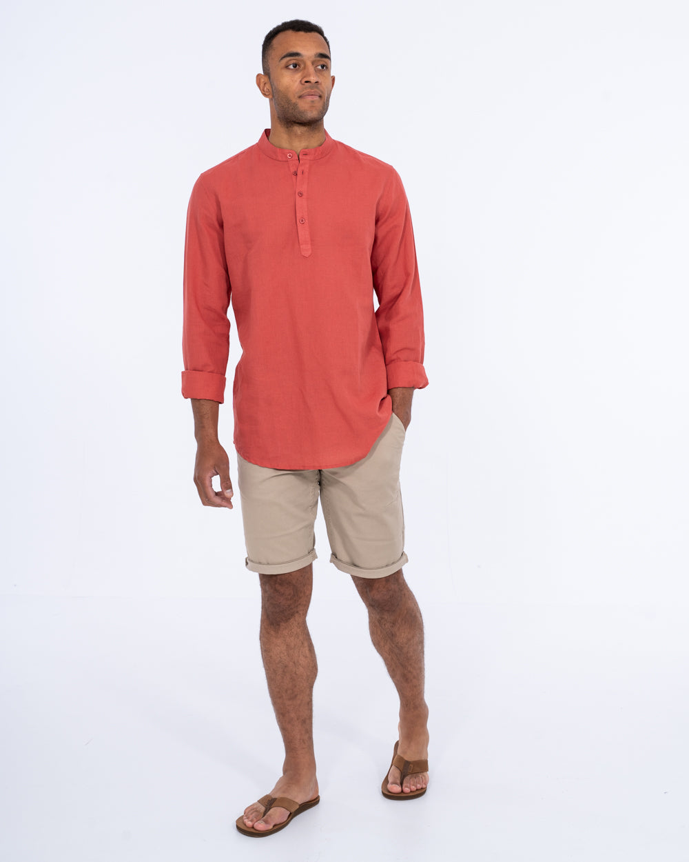 2t Cruz Tall Mens Half Placket Linen Shirt (coral) | Tall Mens