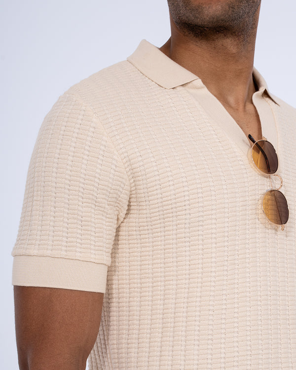 2t Vincent Tall Jacquard Open Collar Polo Shirt (cream)