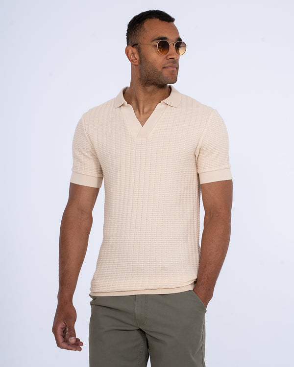 2t Vincent Tall Jacquard Open Collar Polo Shirt (cream)