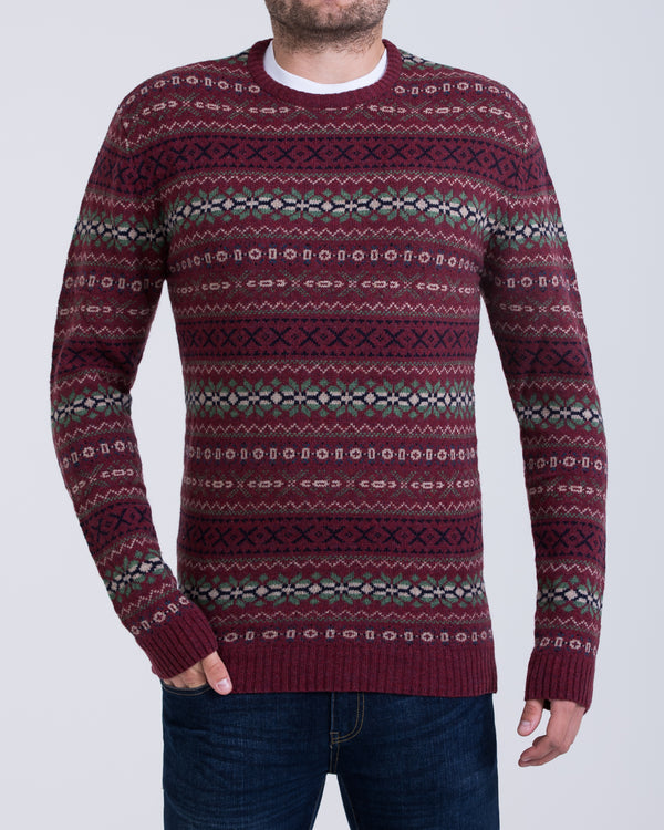 2t Lambswool Fairisle Crew Neck Tall Jumper (wine)