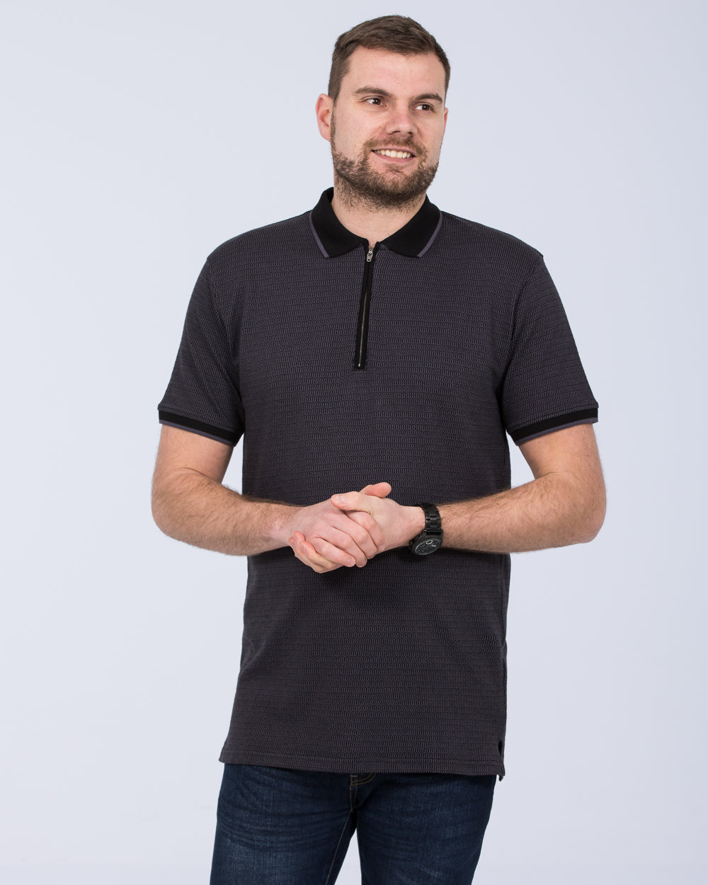 2t Dobby Weave Zip Up Regular Fit Tall Polo Shirt (black)