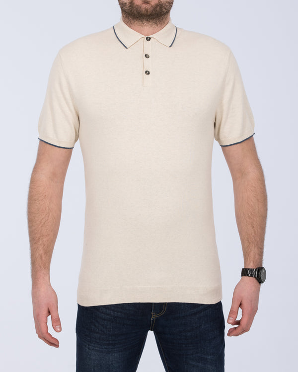 2t Slim Fit Tall Mens Extra Long Cotton Knitted Polo Shirt (stone