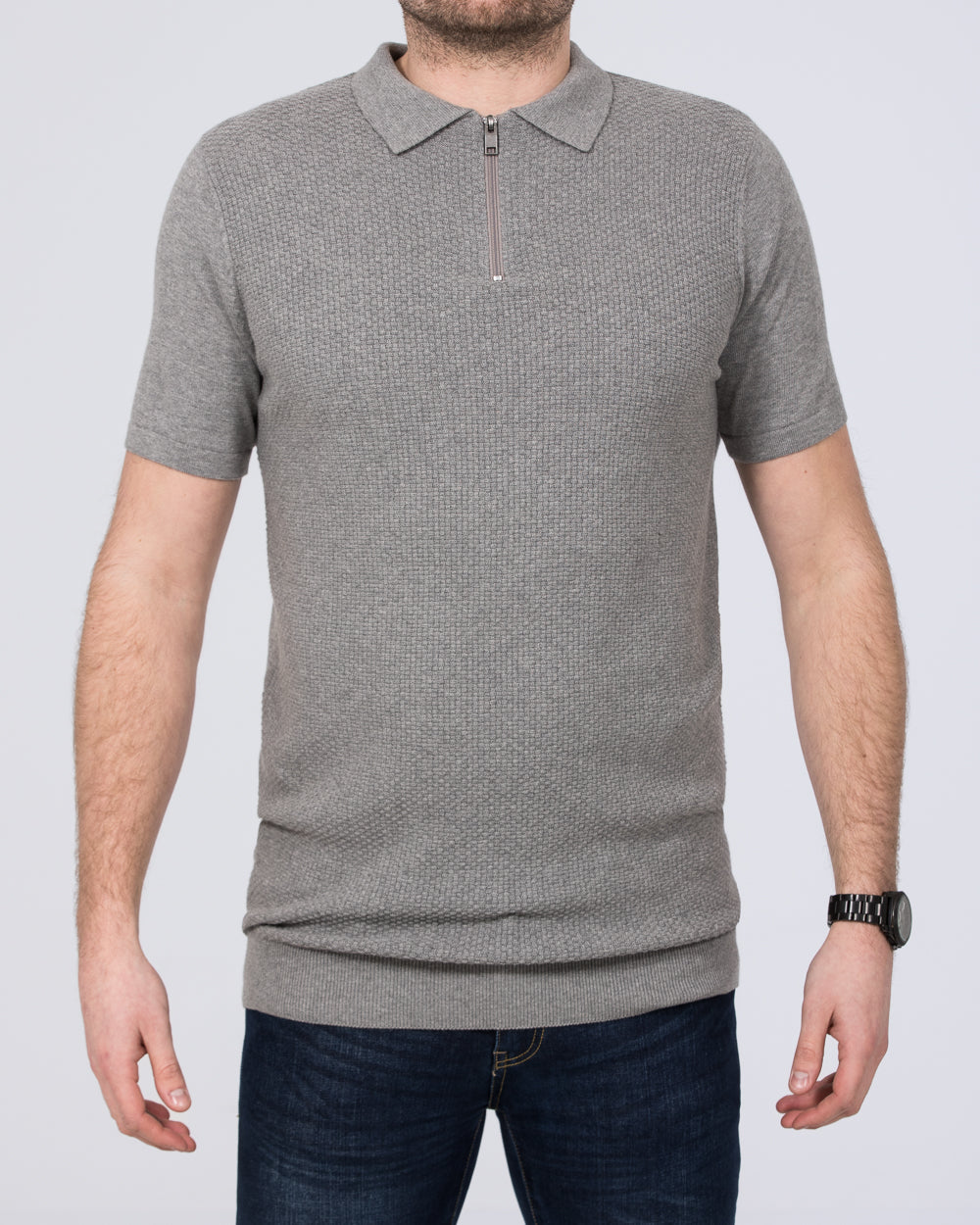 2t Devon Slim Fit Tall Mens Extra Long Zip Up Knitted Polo Shirt